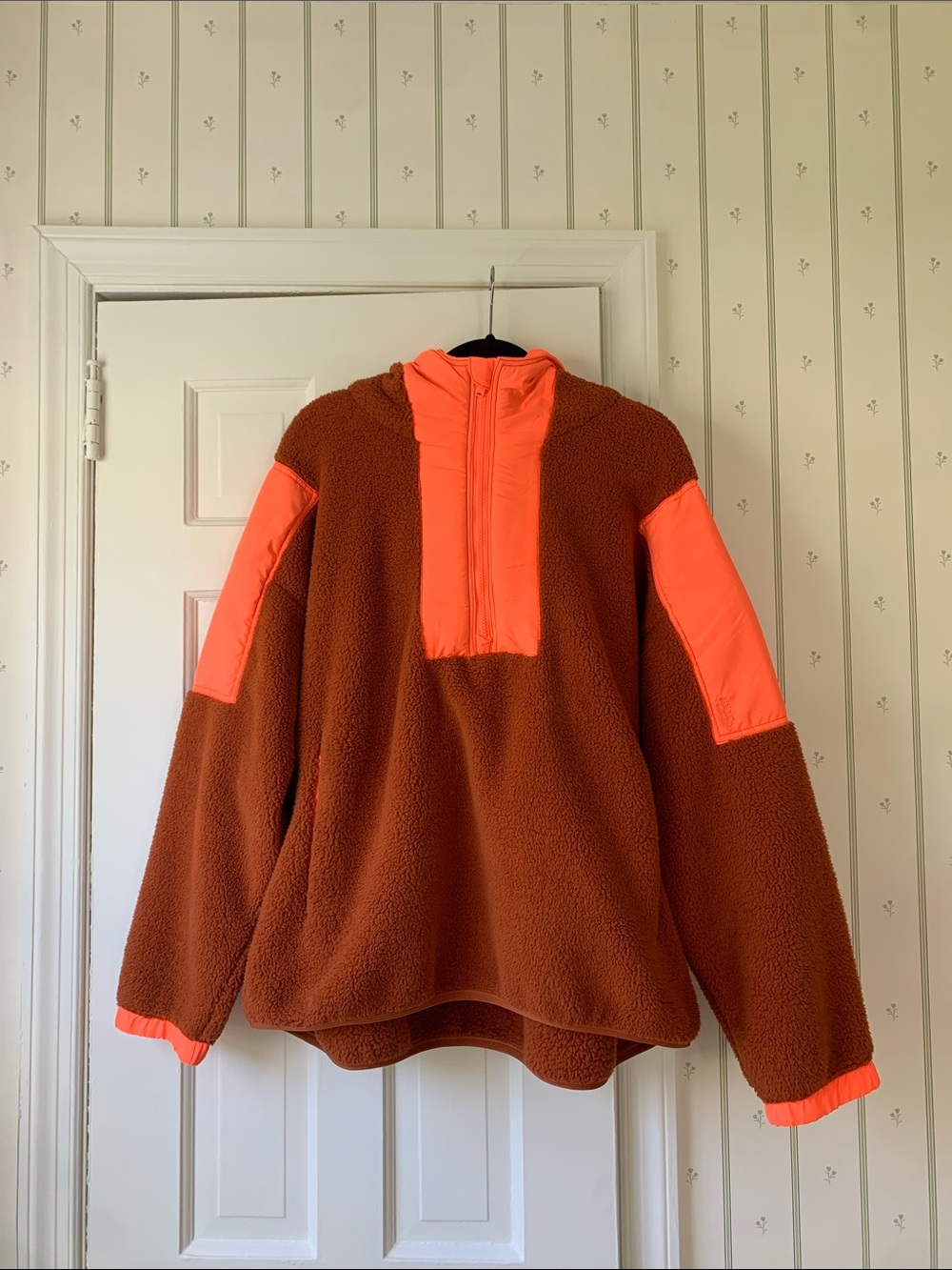 Free People Brown Sherpa Pullover with Neon Orange Accents